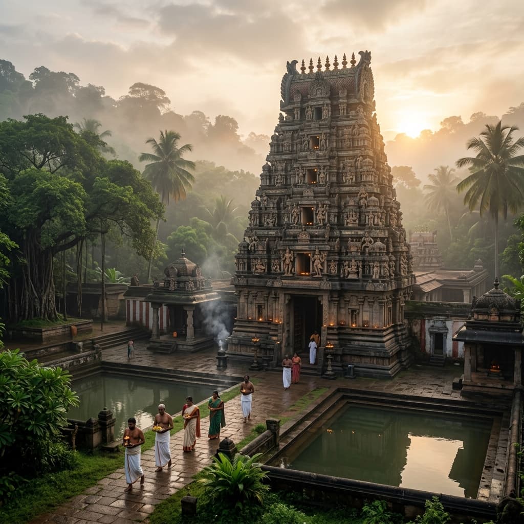 Lakeside temple at dusk